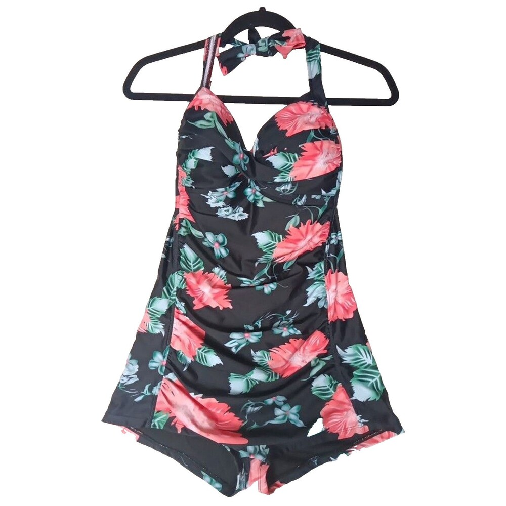 COCOSHIP Elegant Floral Retro Boy-Leg Ruched Maillot Front Twist SwimSuit Sz 12